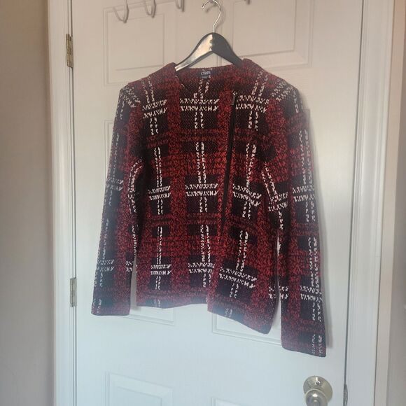 RALPH LAUREN CHAPS Women’s Size Large Red Blk Sweater Zip Long Sleeve Plaid - Picture 1 of 5